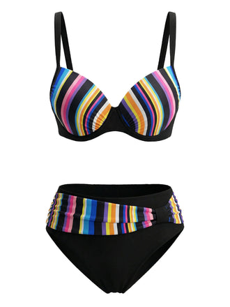 Multicolor 1970s Striped Halter Tankini Set - vintage fashion, retro style