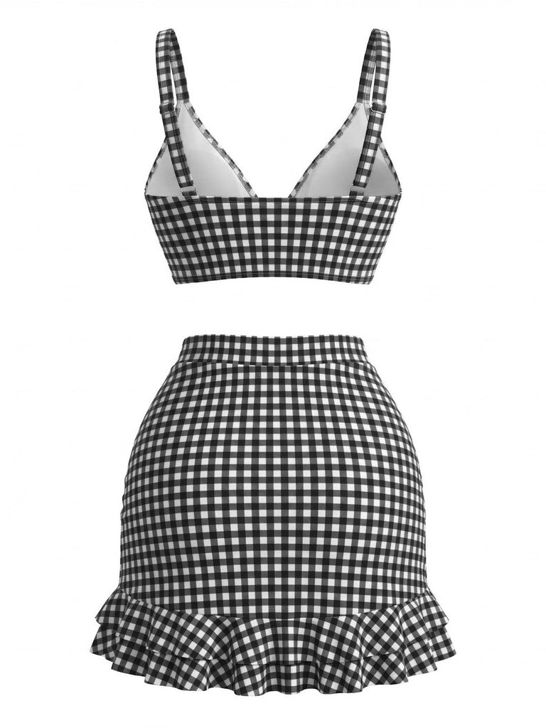 Set Tankini 3PCS con Volant Hem a Quadri Drawstring Anni '50 6