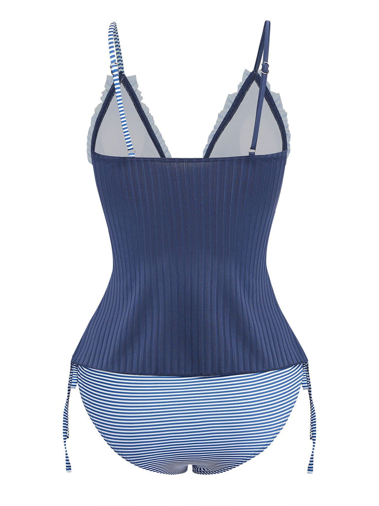 Navy blue striped tankini with ruffled tie-front top in vintage 1950s swimwear style