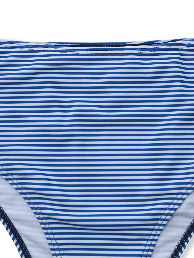 Navy blue striped tankini with ruffled tie-front top in vintage 1950s swimwear style