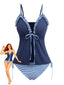 Completo tankini blu navy anni '50 con volant e righe