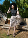 Abito vintage patchwork floreale in rete verde anni '50