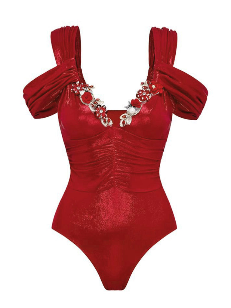 Costumi intero floreale 3D con spalle scoperte rosso anni '50