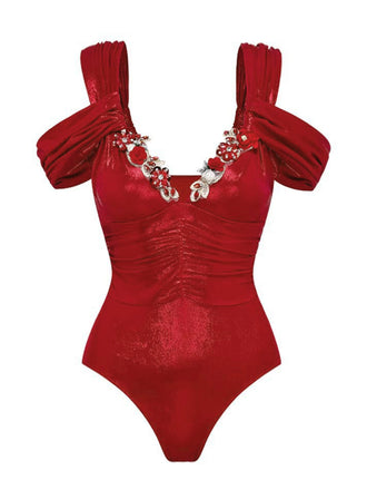 Costumi intero floreale 3D con spalle scoperte rosso anni '50