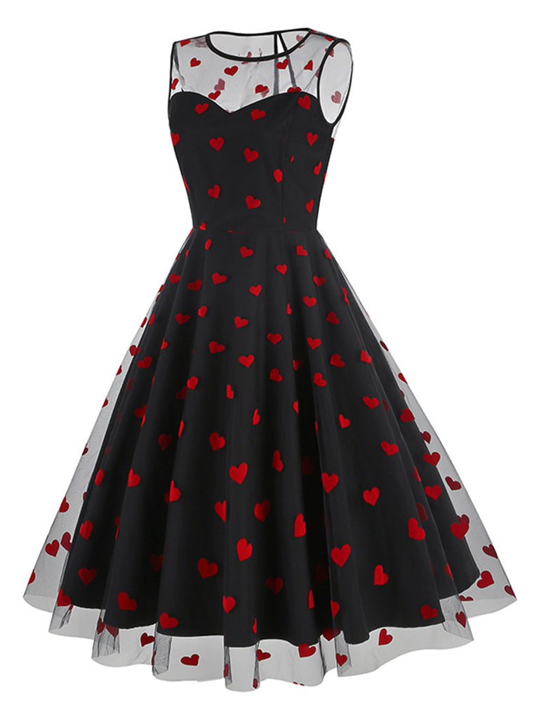 Abito in rete a cuore floccato patchwork nero anni '50