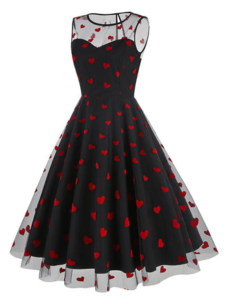 Abito in rete a cuore floccato patchwork nero anni '50