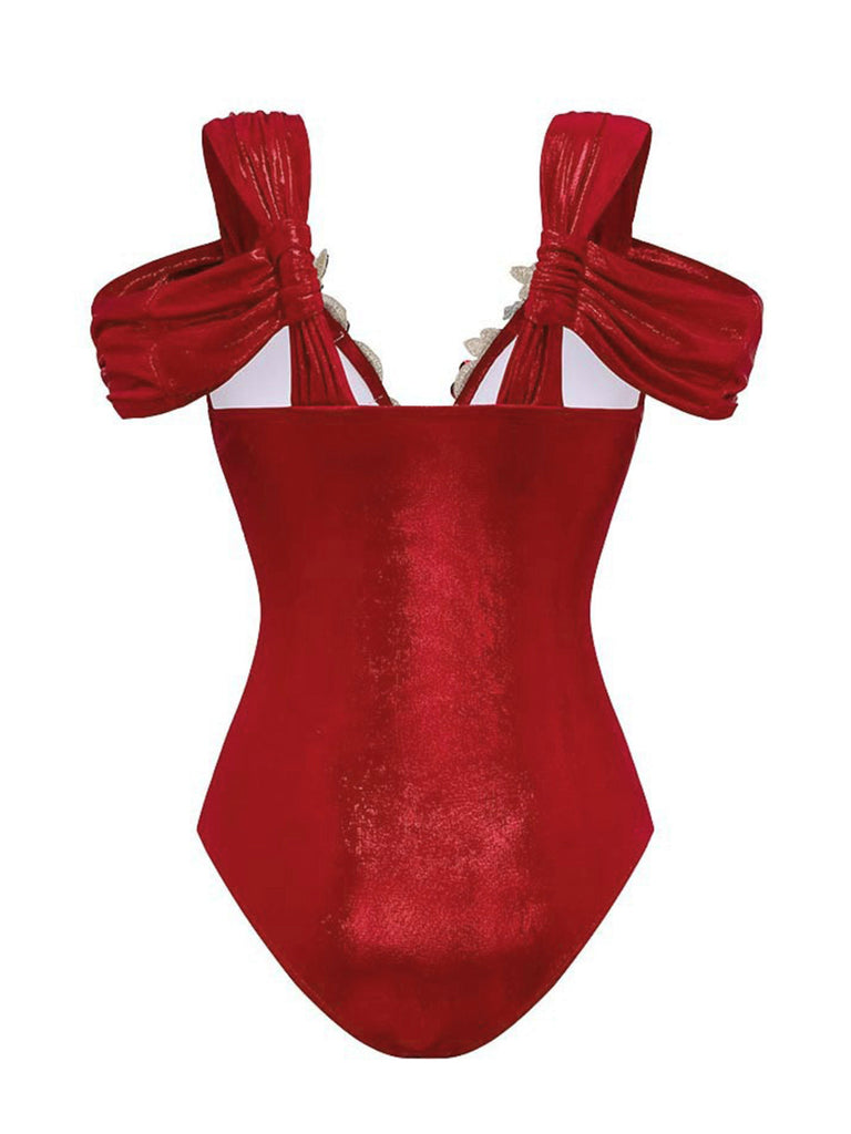 Costumi intero floreale 3D con spalle scoperte rosso anni '50