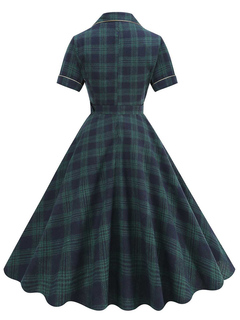 Abito a ruota a quadri con risvolto verde anni '50
