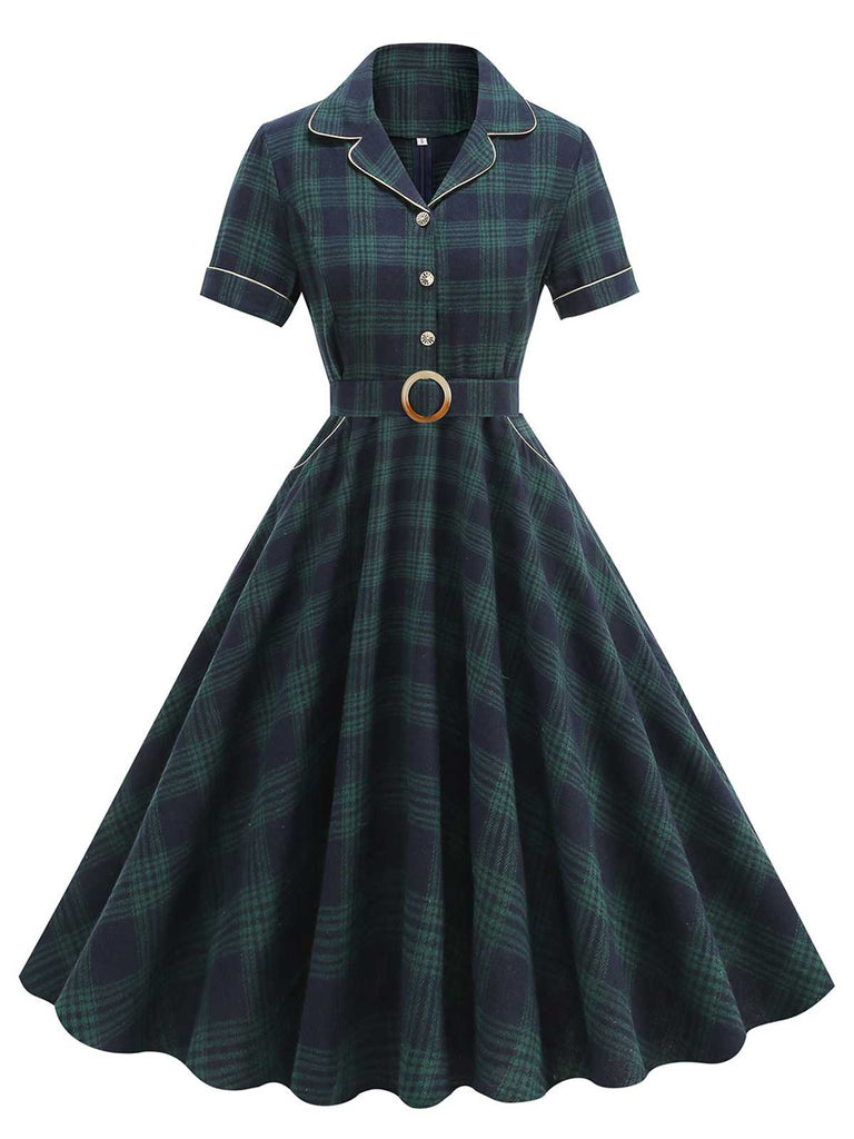 Abito a ruota a quadri con risvolto verde anni '50