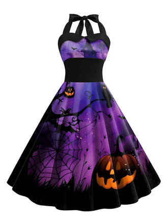 Abito da sera con ragnatela di Halloween viola brillante anni '50