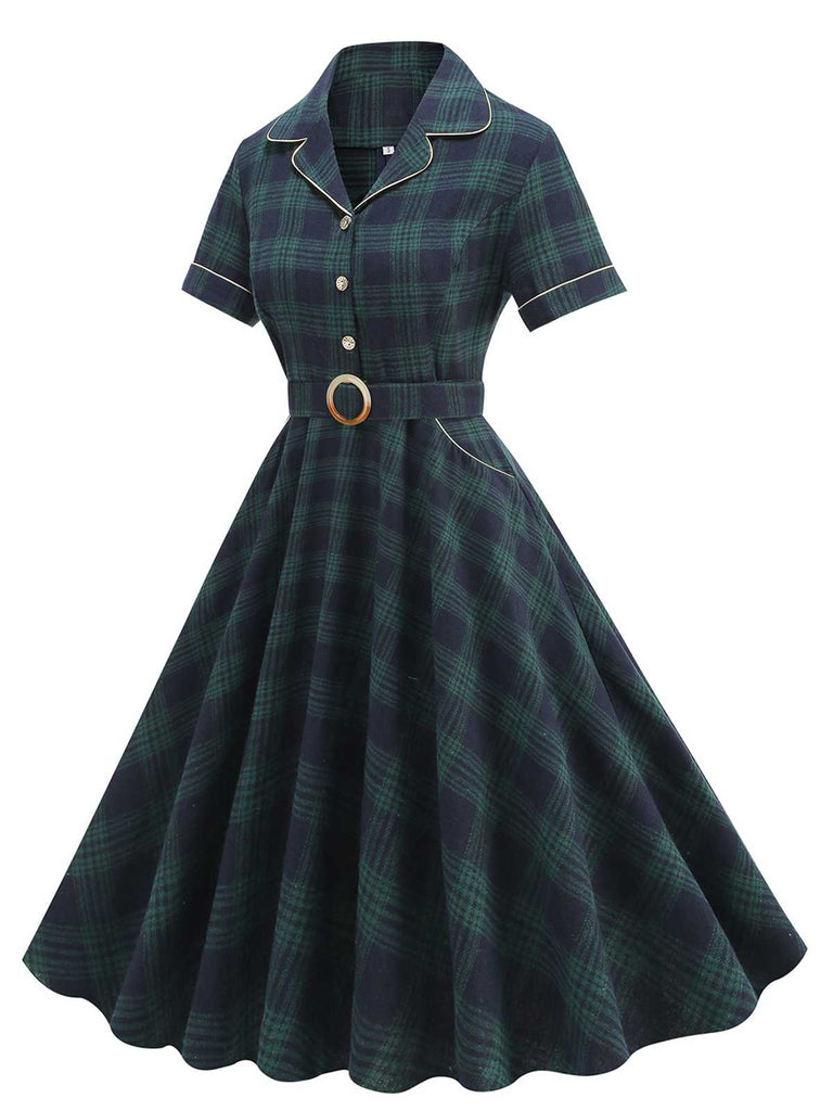 Abito a ruota a quadri con risvolto verde anni '50