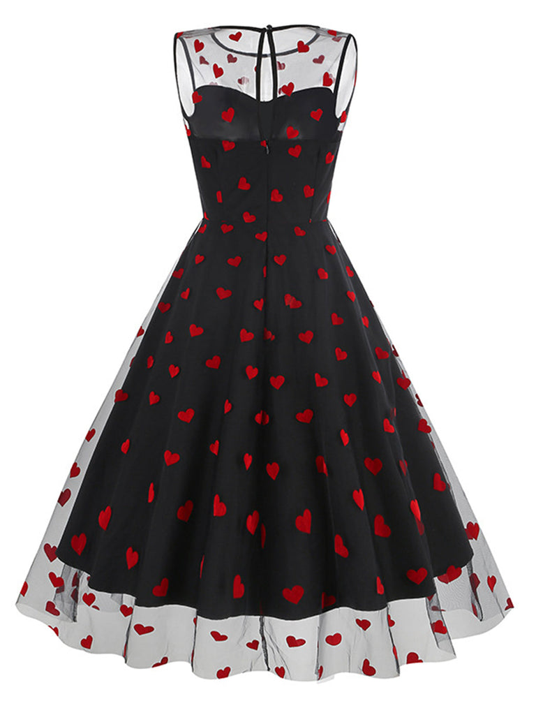 Abito in rete a cuore floccato patchwork nero anni '50