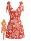 Mini Abito Arancione Anni '70 Floreale con Scollo a V e Spalline Annoate