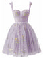 Mini abito in pizzo floreale ricamato viola anni '70