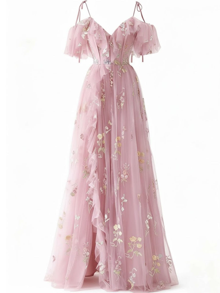 Abito in rete ricamato a fiori a sottoveste con spacco rosa anni '70