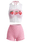 Set Bikini Rosa Anni '50 con Fragole e Scollo All'americana Smock