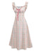 Pastel plaid swing dress with ruffled bow details and sweetheart neckline for 1950s vintage styling