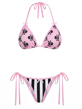 [Prevendita] Set Bikini Gotico con Stampa Teschi a Righe Rosa Anni '80 2