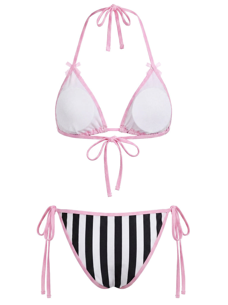 [Prevendita] Set Bikini Gotico con Stampa Teschi a Righe Rosa Anni '80 4