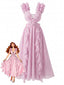 Abito Rosa Anni '30 in Chiffon Floreale con Volant e Scollo a V e Ritaglio