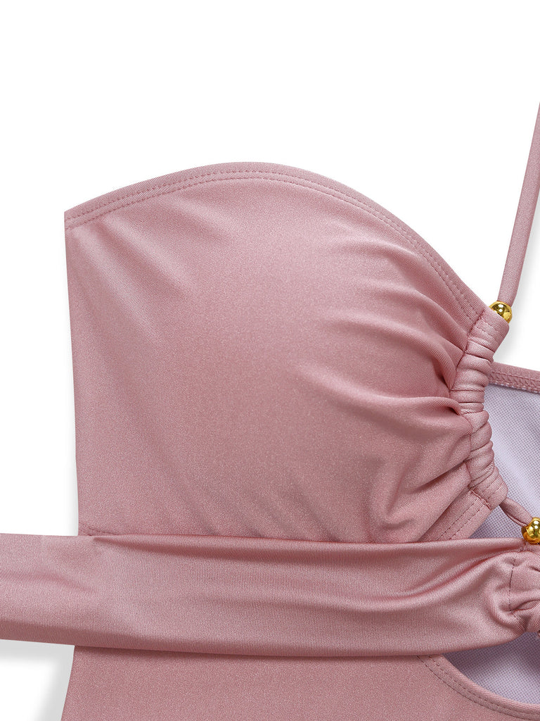 Rosa Costume da Bagno con Allacciatura al Collo Anello in Metallo e Incrocio Anni '40 5