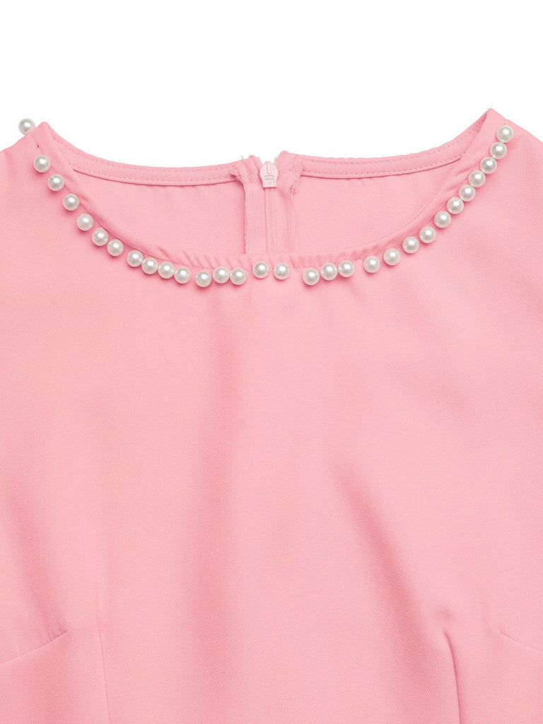 Abito a Linea A Senza Maniche Collo Tondo con Perle Rosa Anni '60