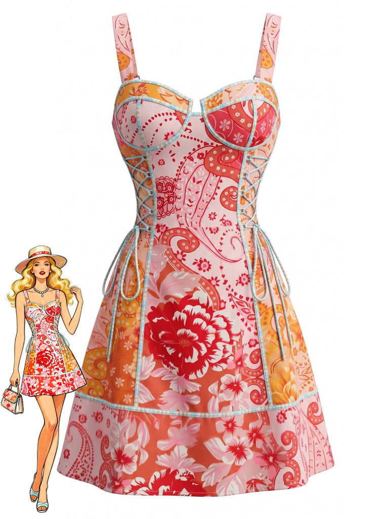 Mini Abito Allacciato Floreale Paisley Rosa Anni '70