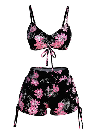 Set Bikini Floreale con Coulisse Nero e Rosa Anni '40 2