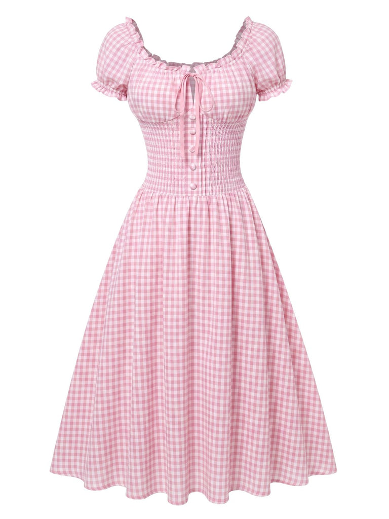 [Prevendita] Abito a ruota rosa anni '40 a quadri con fiocco