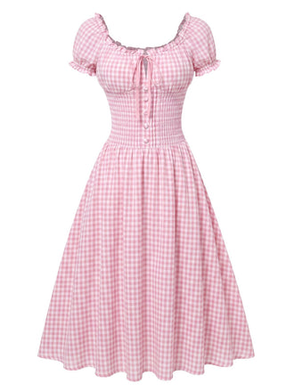 [Prevendita] Abito a ruota rosa anni '40 a quadri con fiocco