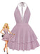 Lavender dress with ruffled layers and a woman wearing it on a white background