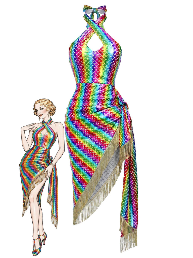 [Prevendita] Abito Aderente Sirena Halter Metallizzato con Frange Arcobaleno Anni '80