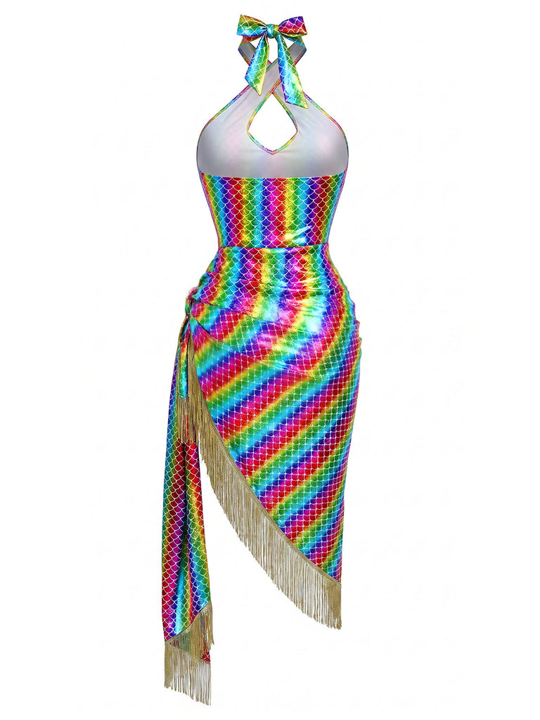 [Prevendita] Abito Aderente Sirena Halter Metallizzato con Frange Arcobaleno Anni '80