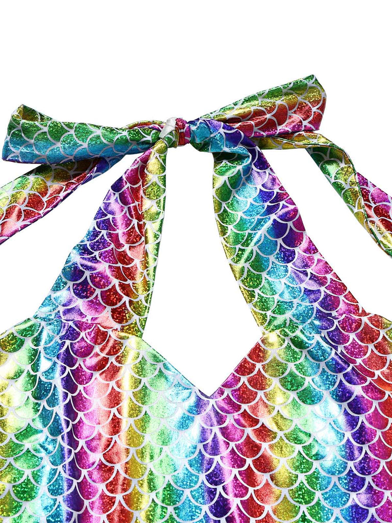 [Prevendita] Abito Aderente Sirena Halter Metallizzato con Frange Arcobaleno Anni '80