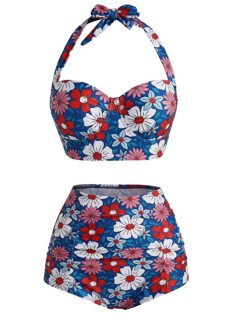 [Prevendita] Set Bikini Floreale Halter Rosso Blu e Bianco Anni '50 2