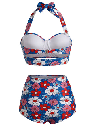 [Prevendita] Set Bikini Floreale Halter Rosso Blu e Bianco Anni '50 3
