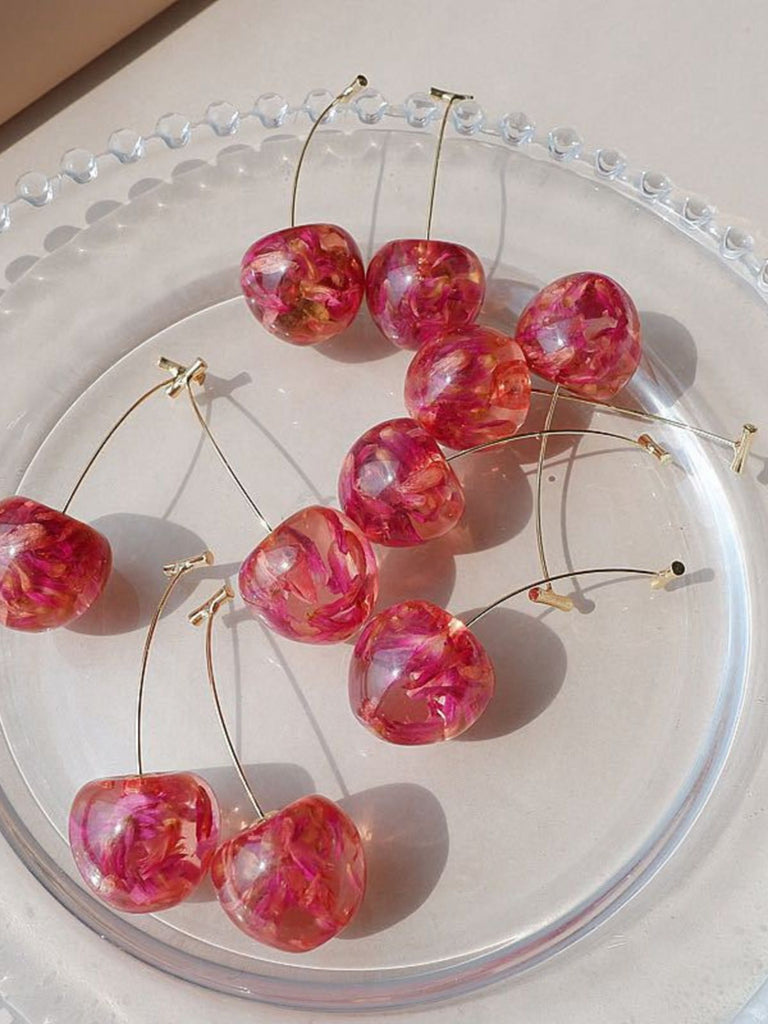 Red Dried Flower Cherry Drop Earrings - vintage fashion, retro style, elegant red
