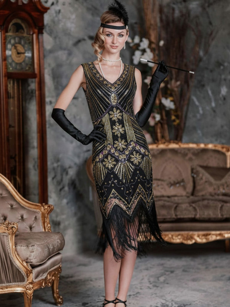 Abito jazz con frange e paillettes verde scuro anni '20