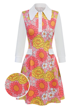 Abito patchwork fioreale a risvolto rosa anni '60