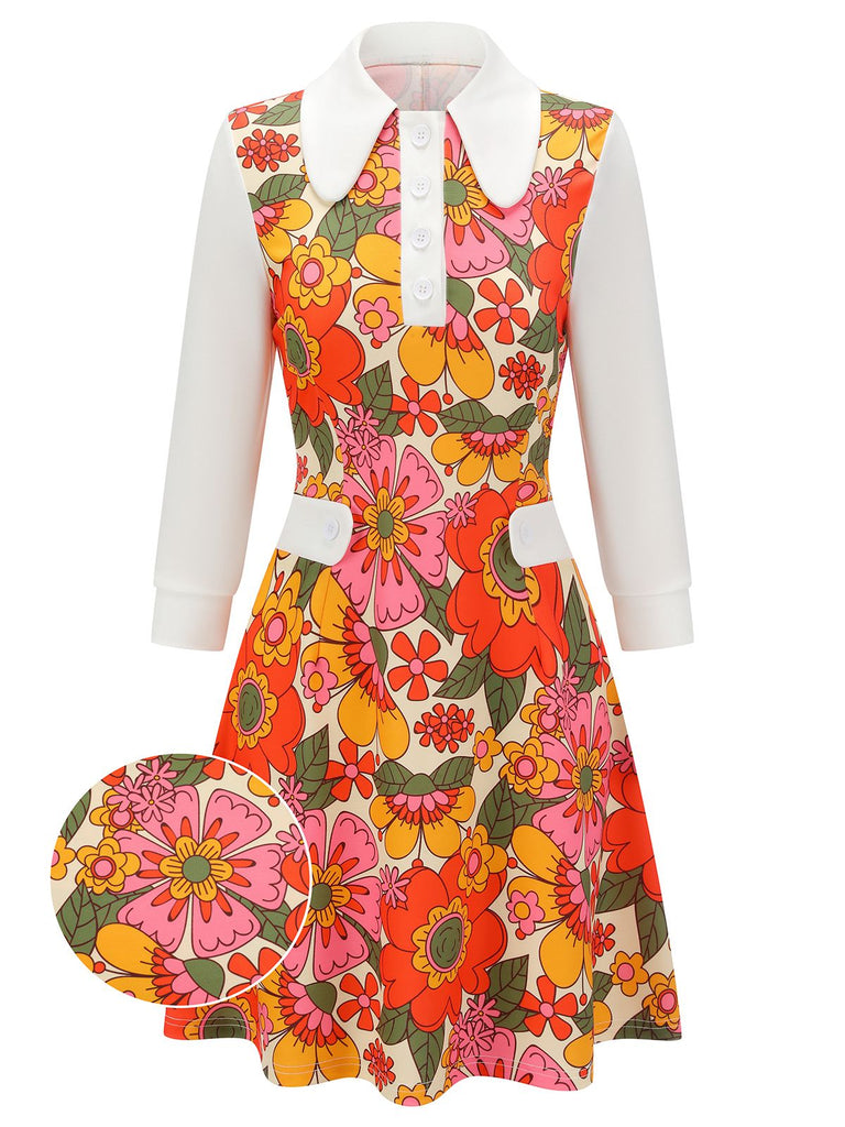 Abito patchwork fioreale a risvolto arancione anni '60