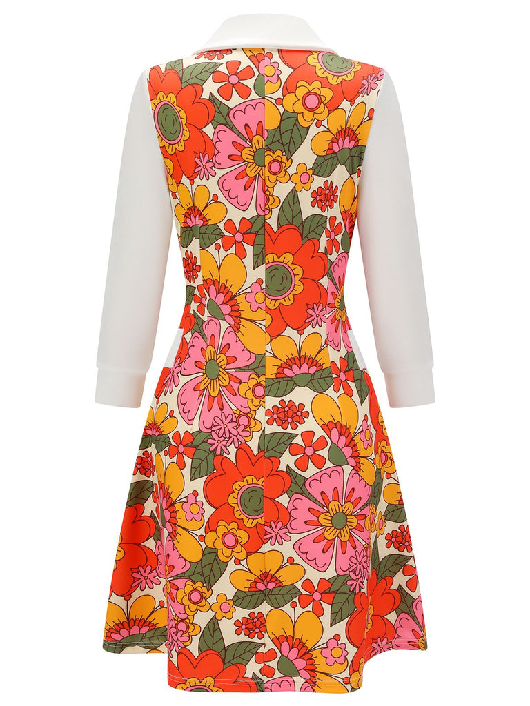 Abito patchwork fioreale a risvolto arancione anni '60