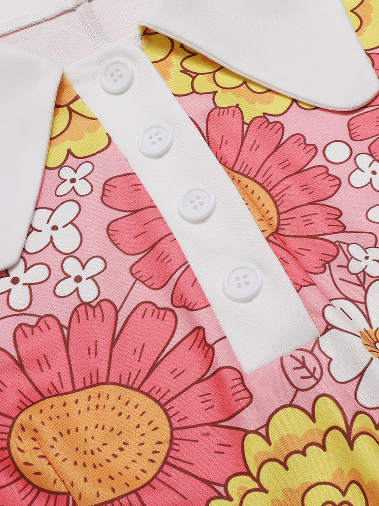Abito patchwork fioreale a risvolto arancione anni '60