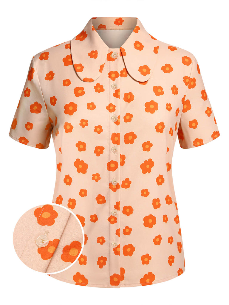 Camicia floreale a maniche corte arancione anni '60