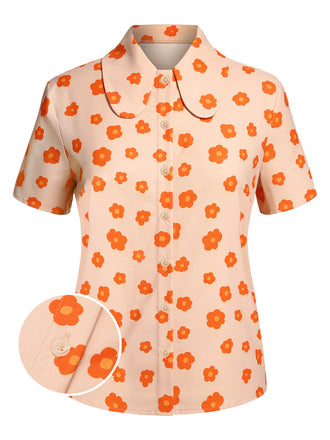 Camicia floreale a maniche corte arancione anni '60
