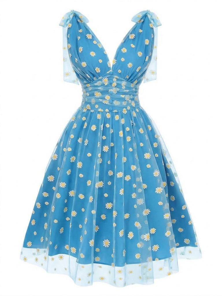 [Pre-Vendita] Abito Blu Daisy in Rete Svasato Anni '50