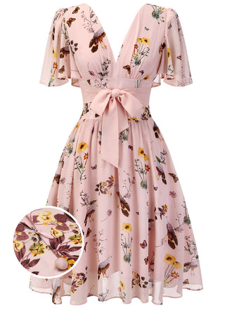 Abito floreale rosa fiocco scollo a V anni '50