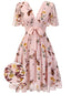 Abito floreale rosa fiocco scollo a V anni '50