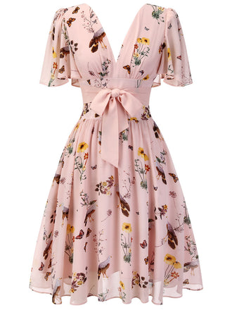 Abito floreale rosa fiocco scollo a V anni '50