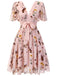Abito floreale rosa fiocco scollo a V anni '50