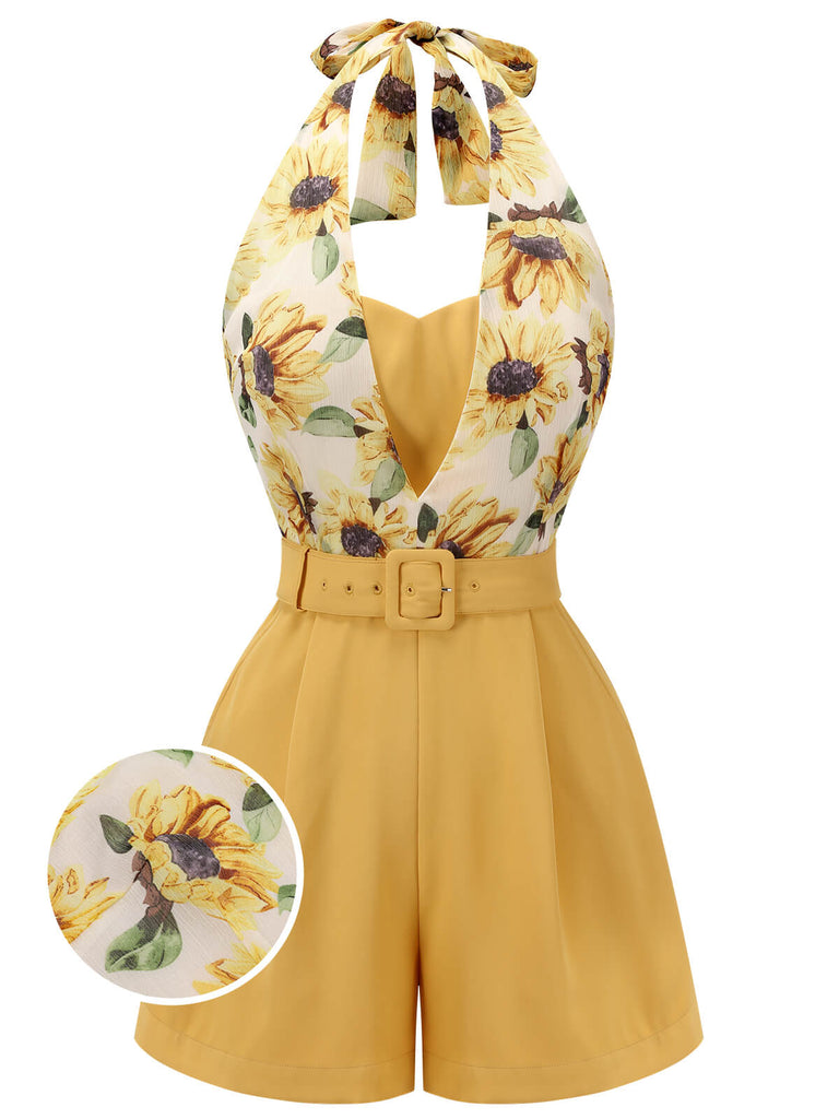 Tuta corta giallo girasoli con scollo all'americanaanni '50